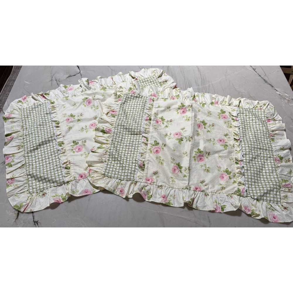 FADFAY Floral Rose Green Gingham Ruffled Pillow Shams Pair Cottagecore Set 2